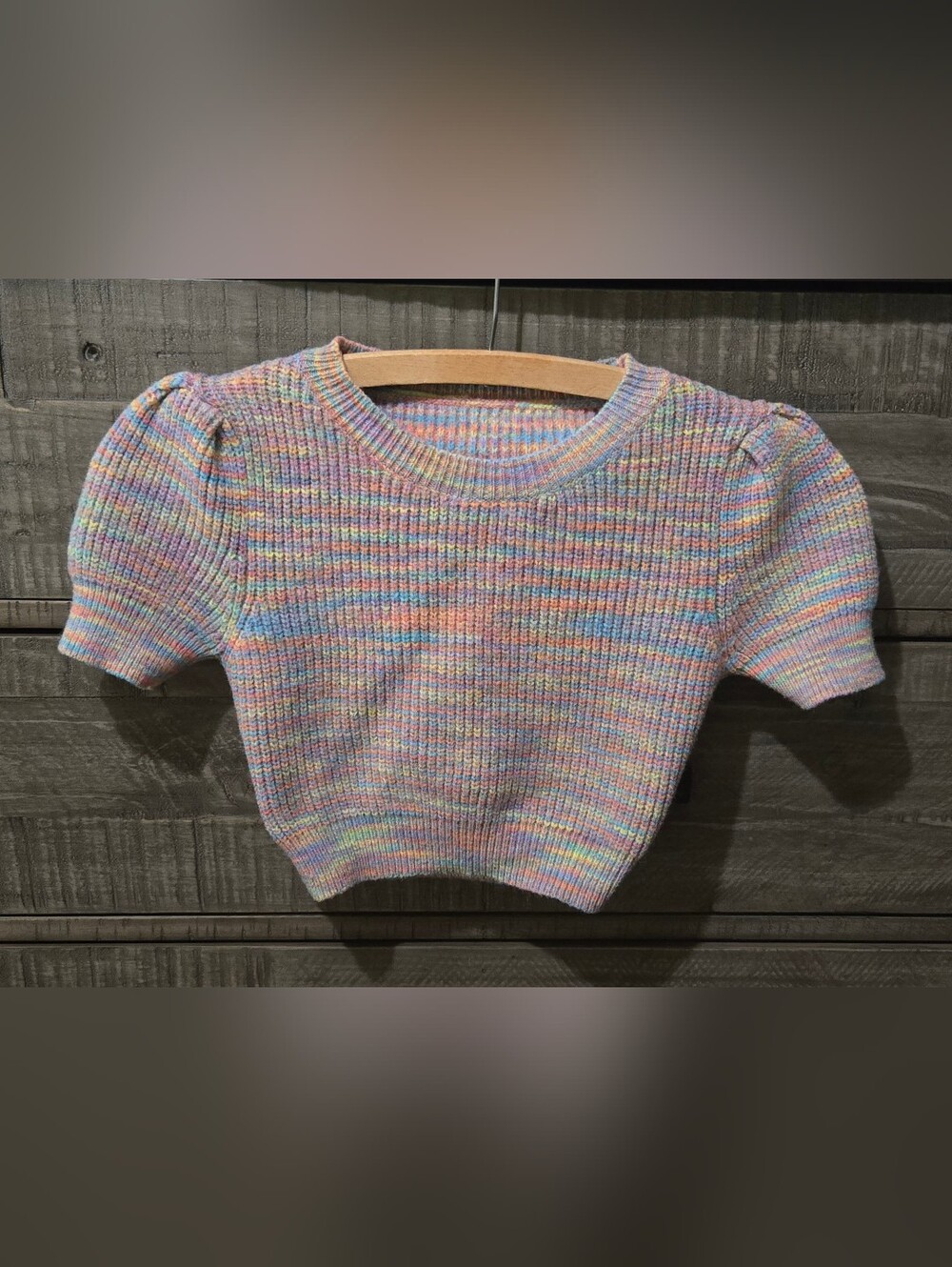 Knit Mix Multicolor Pastel Puff Sleeve Sweater Top Women's Size S